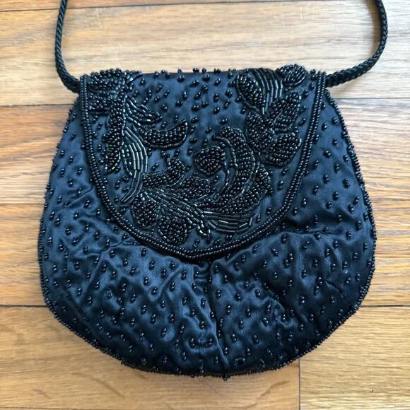 Vintage La Regale Black Beaded Small Mini Purse with Long Shoulder Strap - Picture 2 of 7